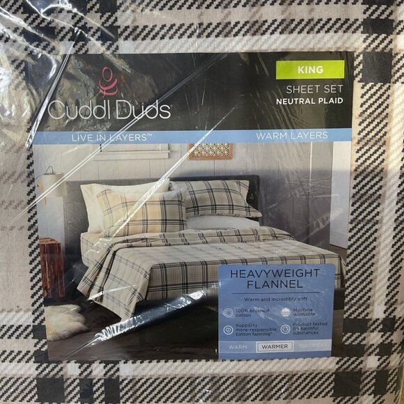 Cuddl Duds King Size Heavyweight Flannel Sheet Set Neutral Plaid - Picture 4 of 6